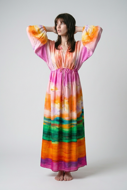 Robe oversize imprimé tie-dye en viscose avec taille froncée - Rose