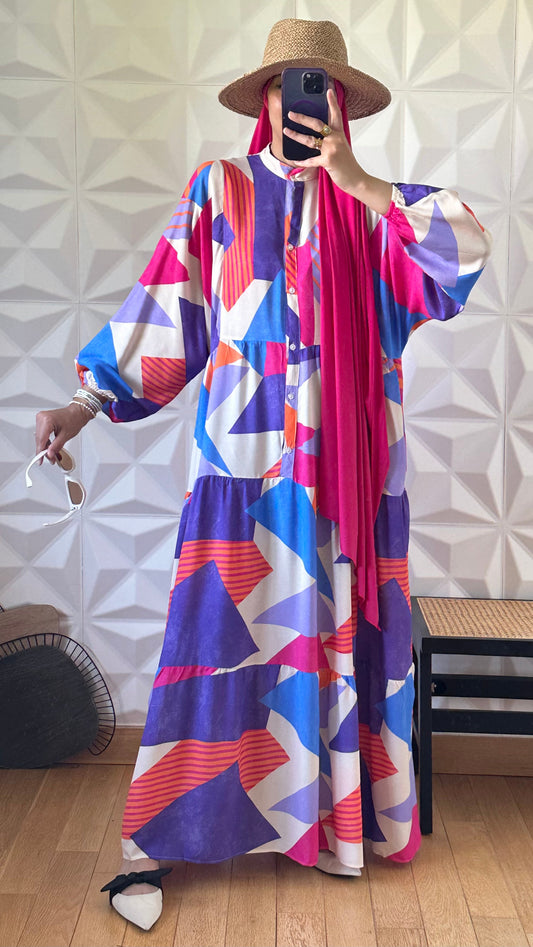 Robe Boutonnée à Manches Ballon et Imprimé Géométrique - Violet