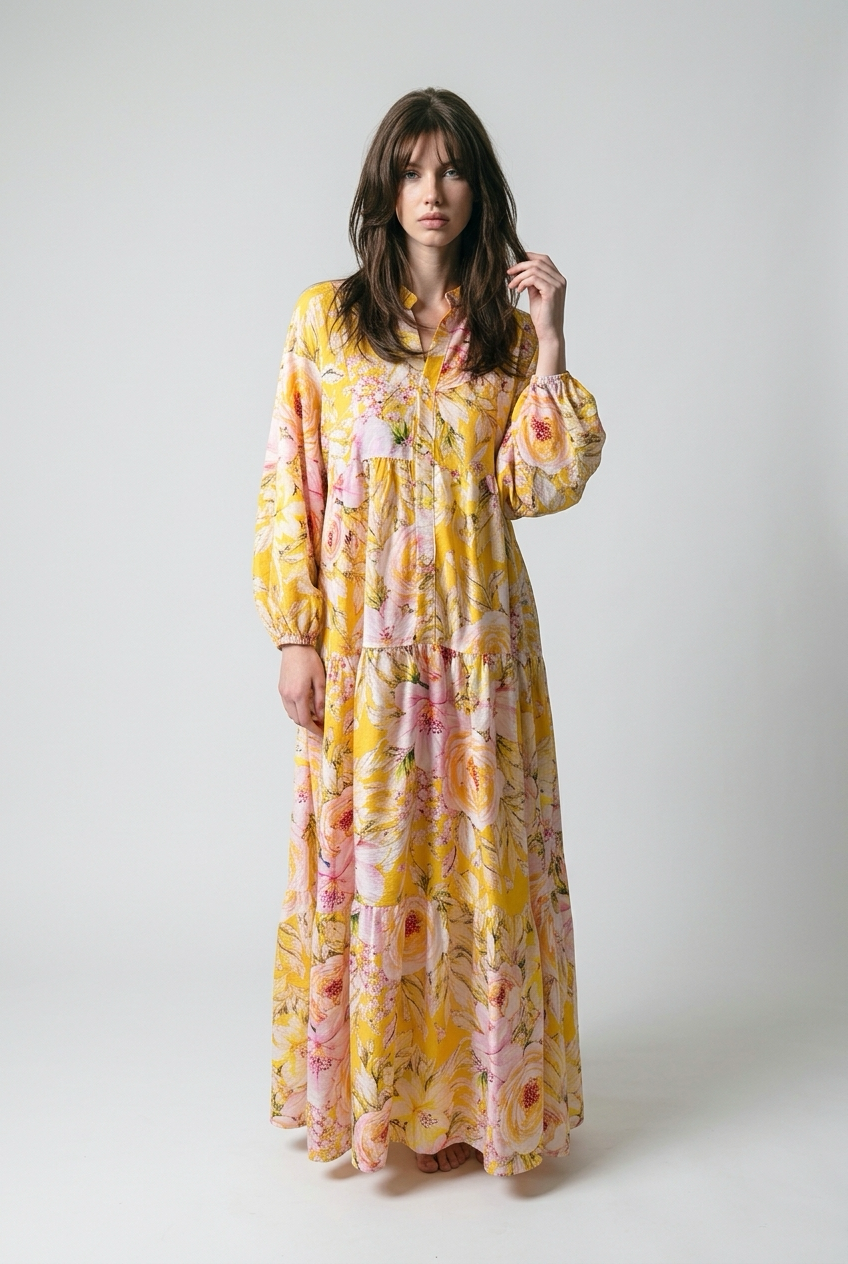 Robe babydoll à Imprimé fleurie avec manches bouffantes - Jaune fleuri