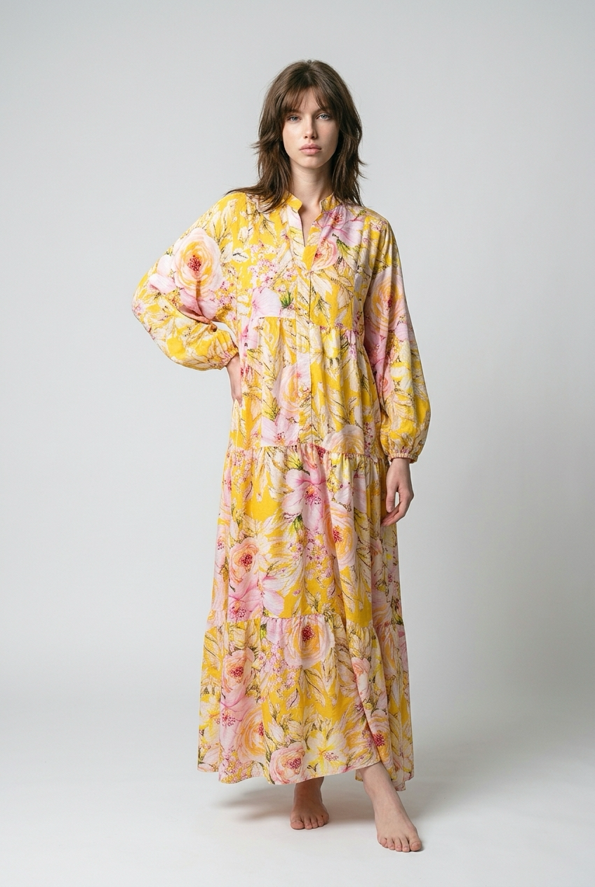 Robe babydoll à Imprimé fleurie avec manches bouffantes - Jaune fleuri