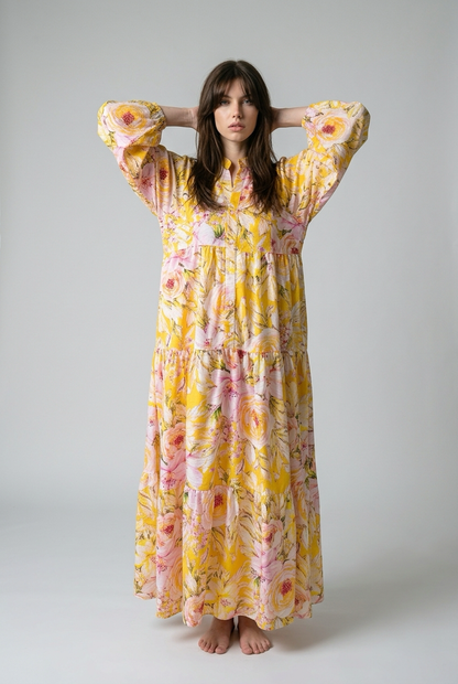 Robe babydoll à Imprimé fleurie avec manches bouffantes - Jaune fleuri