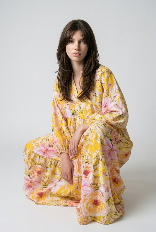 Robe babydoll à Imprimé fleurie avec manches bouffantes - Jaune fleuri