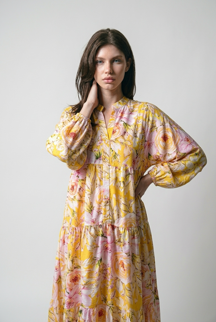Robe babydoll à Imprimé fleurie avec manches bouffantes - Jaune fleuri