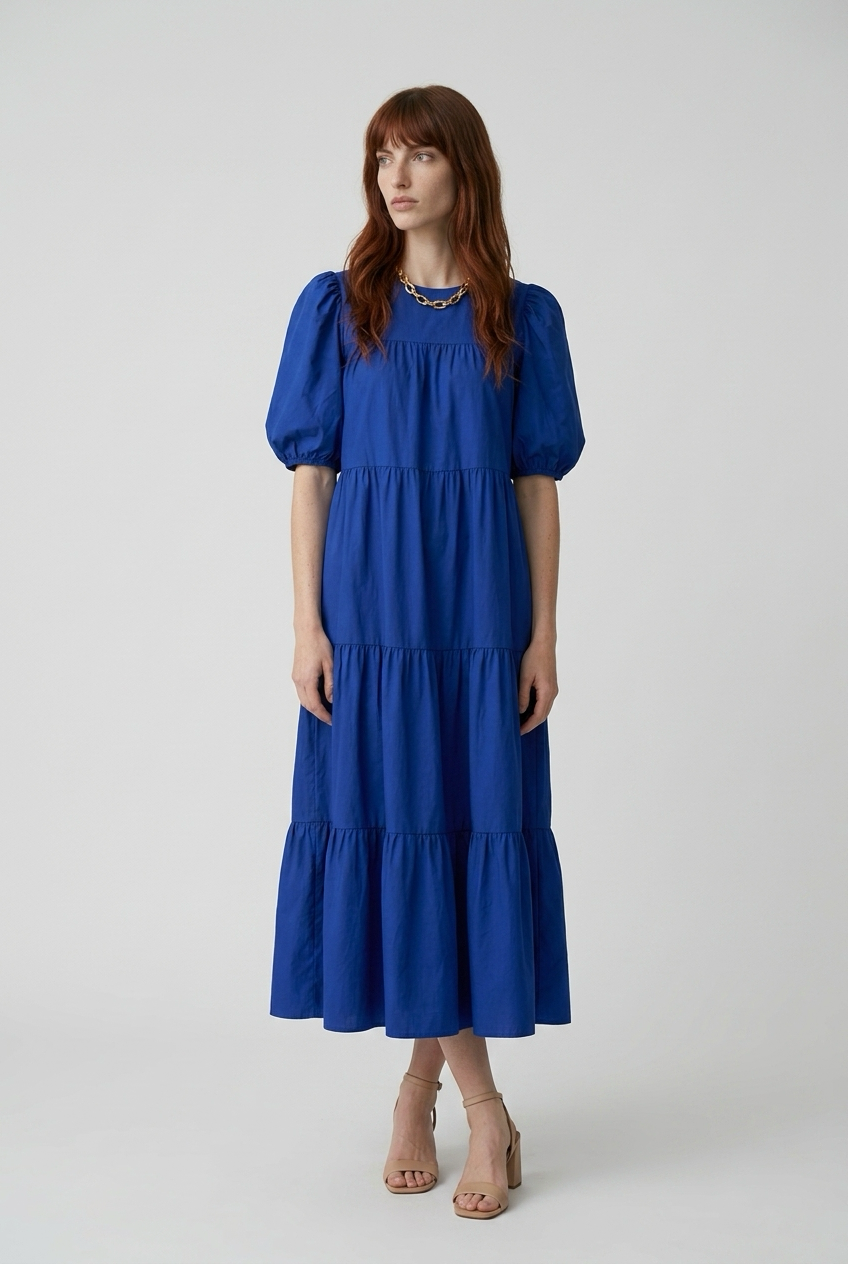 Babydoll dress with short puff sleeves - Blue