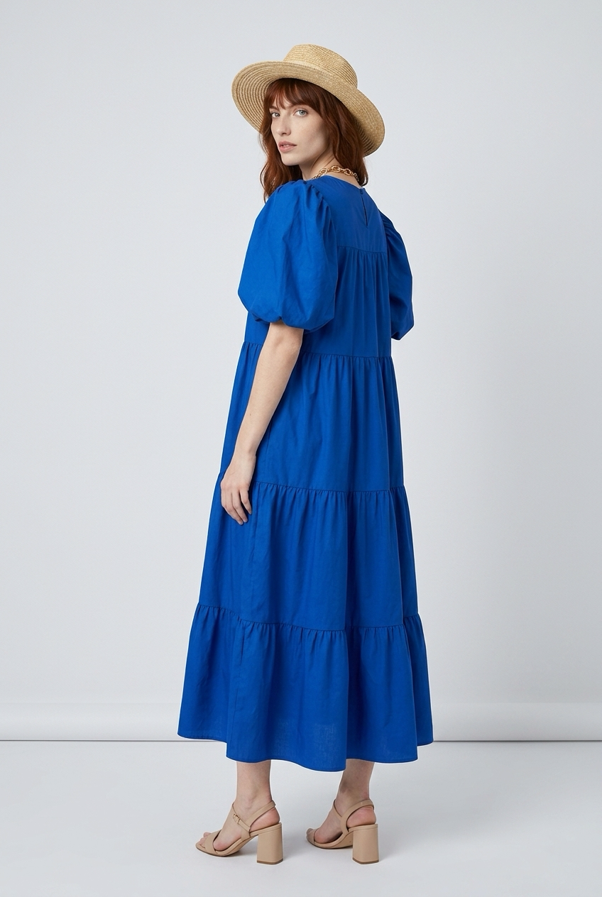 Babydoll dress with short puff sleeves - Blue