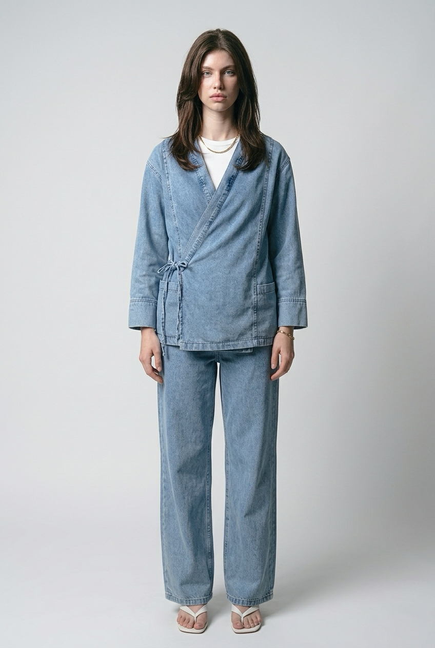 Ensemble veste en jean nouée sur le côté et pantalon large - Bleu moyen