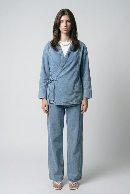 Ensemble veste en jean nouée sur le côté et pantalon large - Bleu moyen