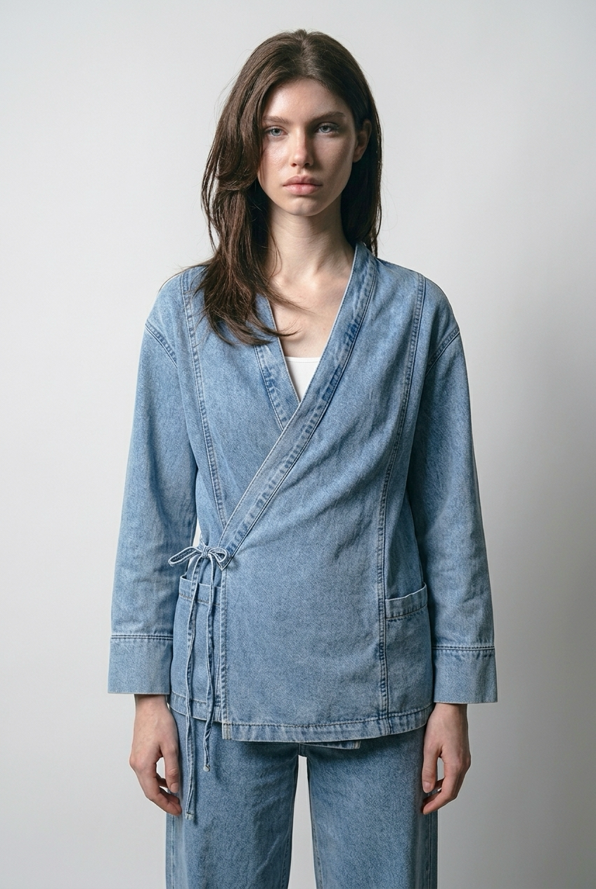Ensemble veste en jean nouée sur le côté et pantalon large - Bleu moyen