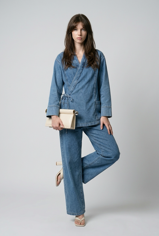 Ensemble veste en jean nouée sur le côté et pantalon large - Bleu moyen