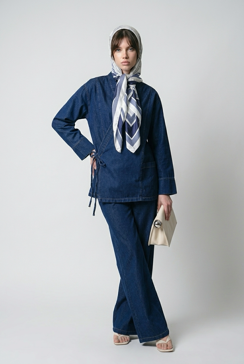 Ensemble veste en jean nouée sur le côté et pantalon large - Bleu brut