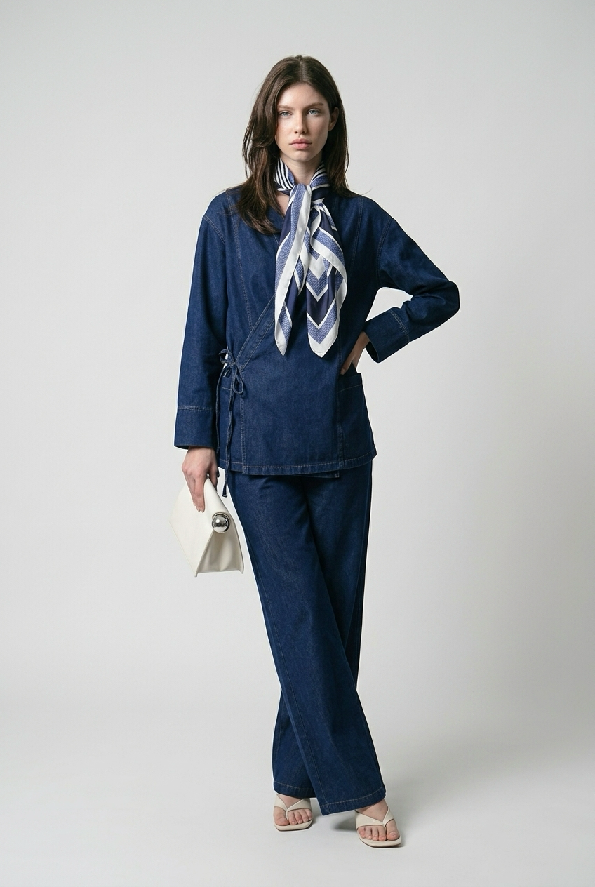 Ensemble veste en jean nouée sur le côté et pantalon large - Bleu brut