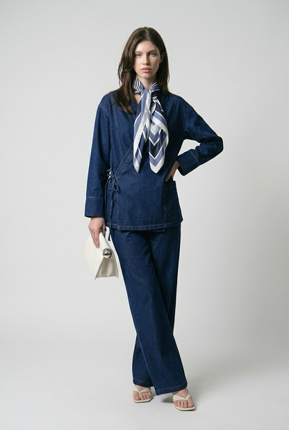 Ensemble veste en jean nouée sur le côté et pantalon large - Bleu brut