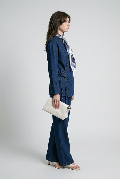 Ensemble veste en jean nouée sur le côté et pantalon large - Bleu brut