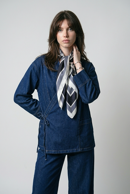 Ensemble veste en jean nouée sur le côté et pantalon large - Bleu brut