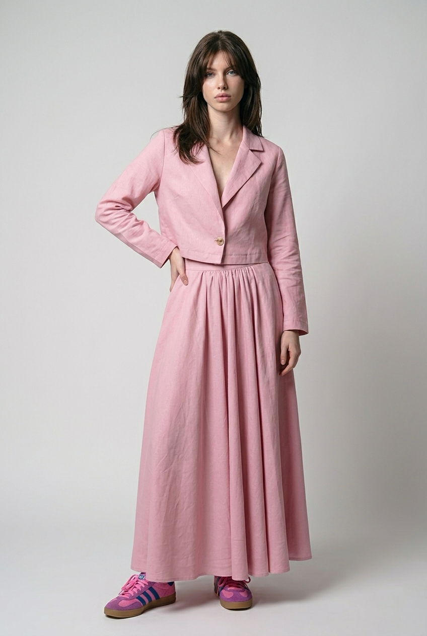 Ensemble Tailleur Lin Veste coupe carré et Jupe à volants - Rose