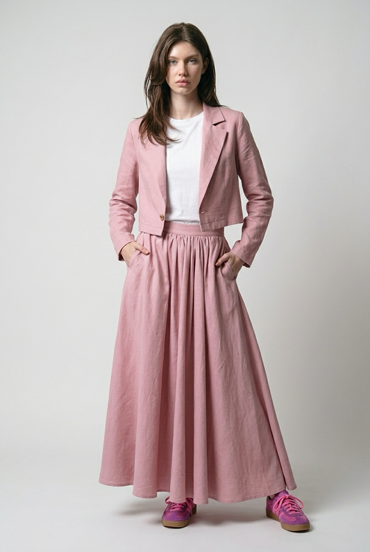 Ensemble Tailleur Lin Veste coupe carré et Jupe à volants - Rose