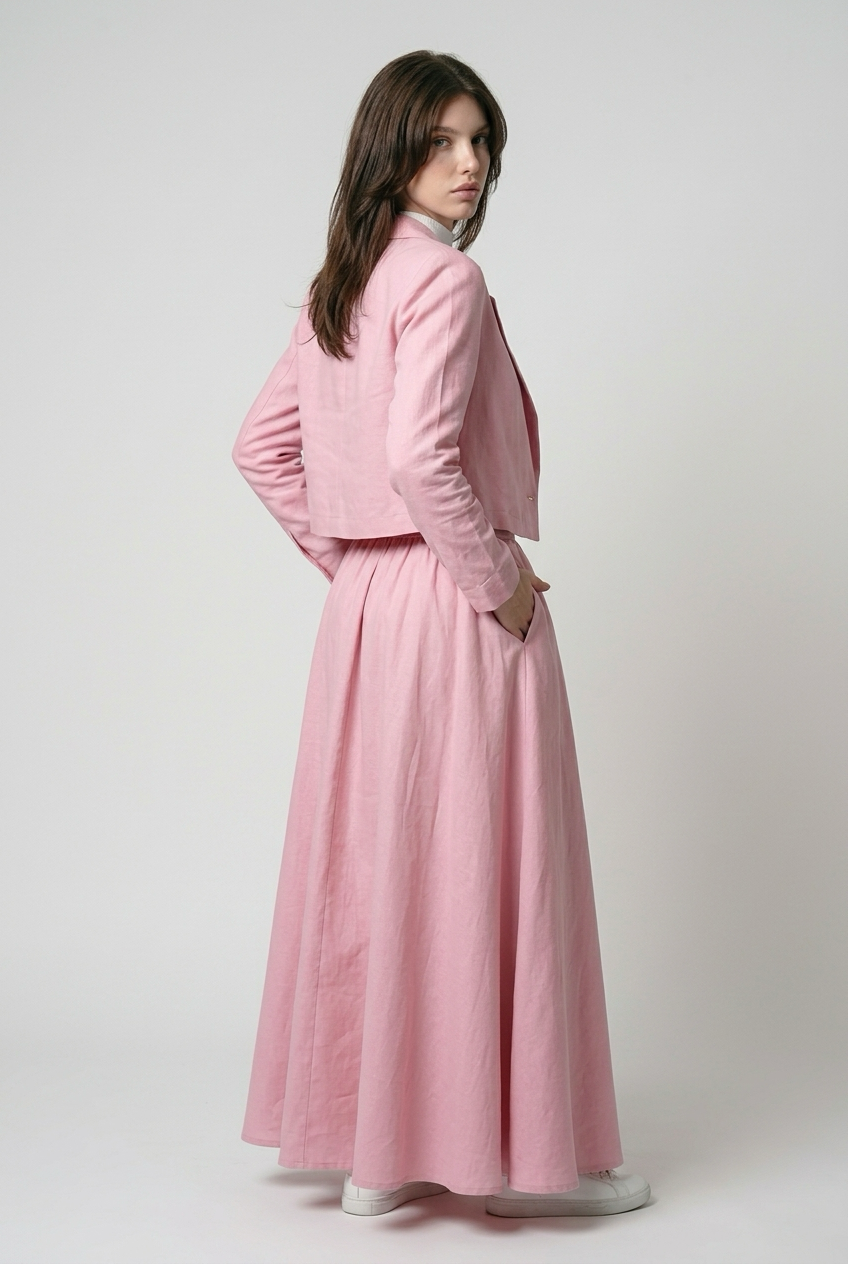 Ensemble Tailleur Lin Veste coupe carré et Jupe à volants - Rose