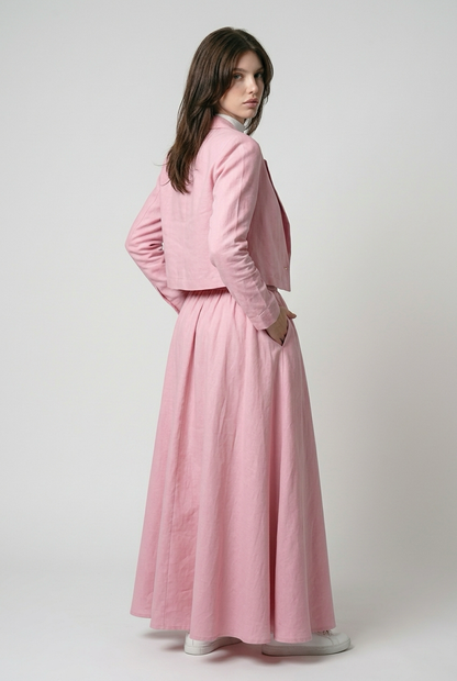 Ensemble Tailleur Lin Veste coupe carré et Jupe à volants - Rose