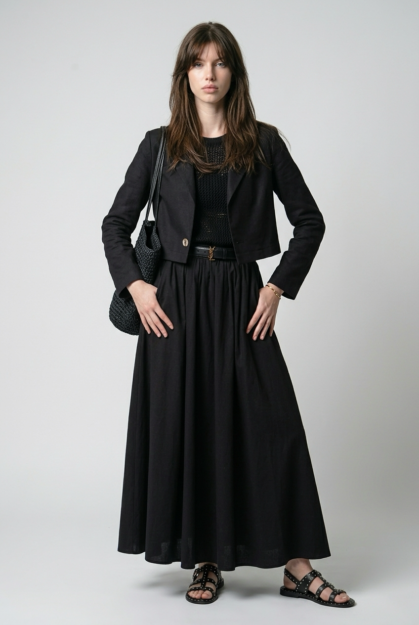 Ensemble Tailleur Lin Veste coupe carré et Jupe à volants - Noir