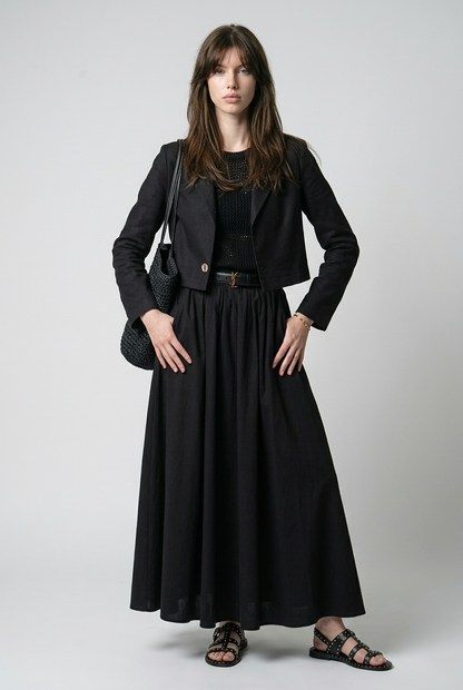 Ensemble Tailleur Lin Veste coupe carré et Jupe à volants - Noir