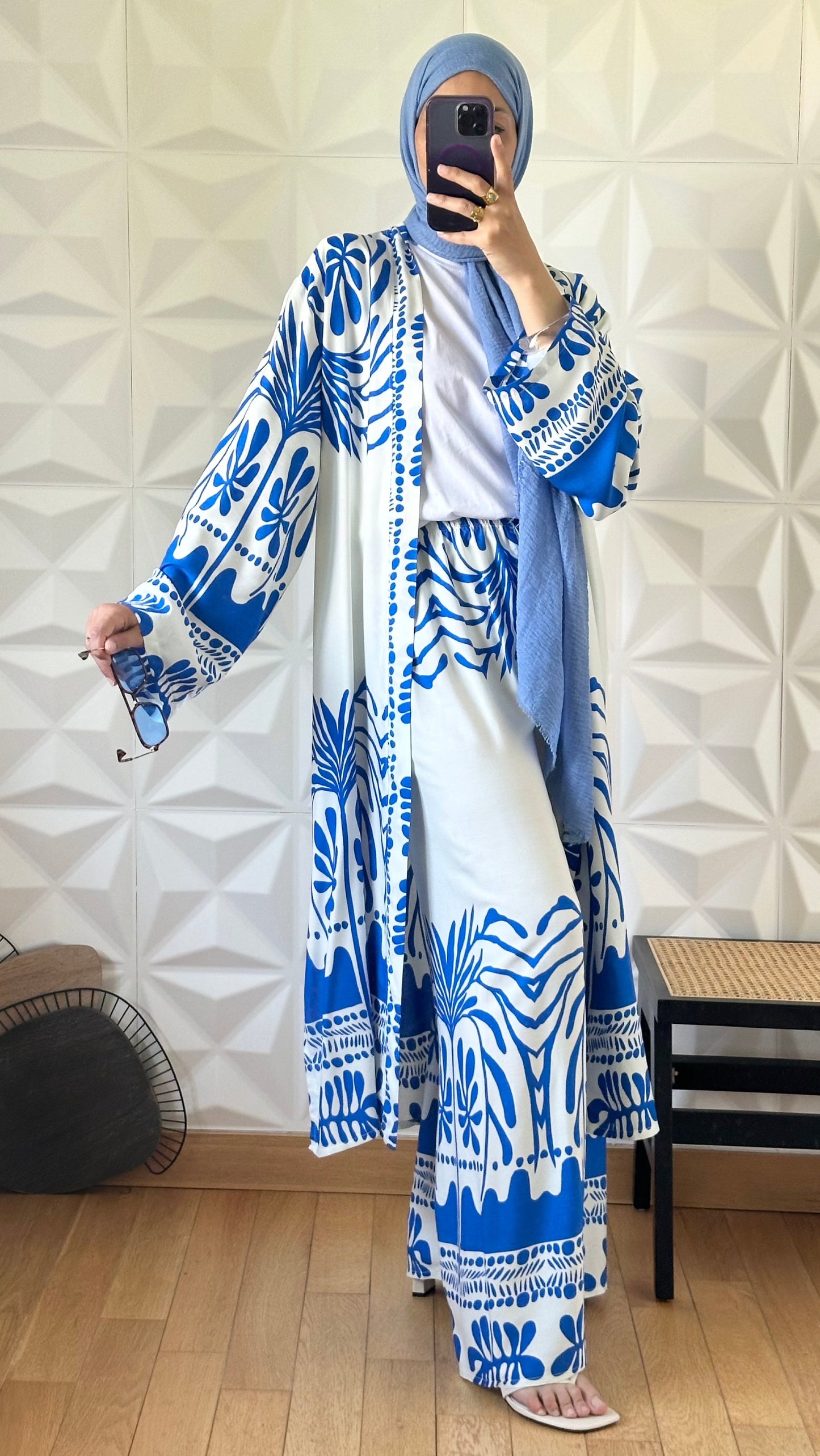 Ensemble kimono long et pantalon large a motif olivier - Bleu