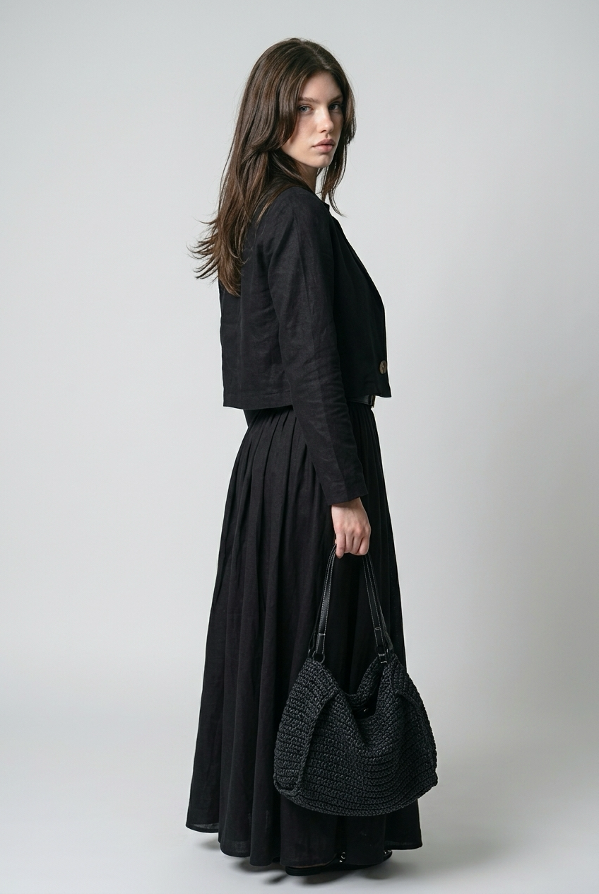 Ensemble Tailleur Lin Veste coupe carré et Jupe à volants - Noir