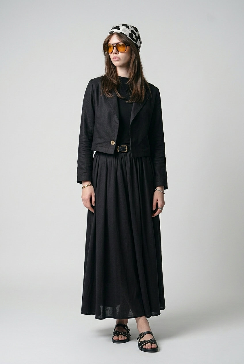 Ensemble Tailleur Lin Veste coupe carré et Jupe à volants - Noir