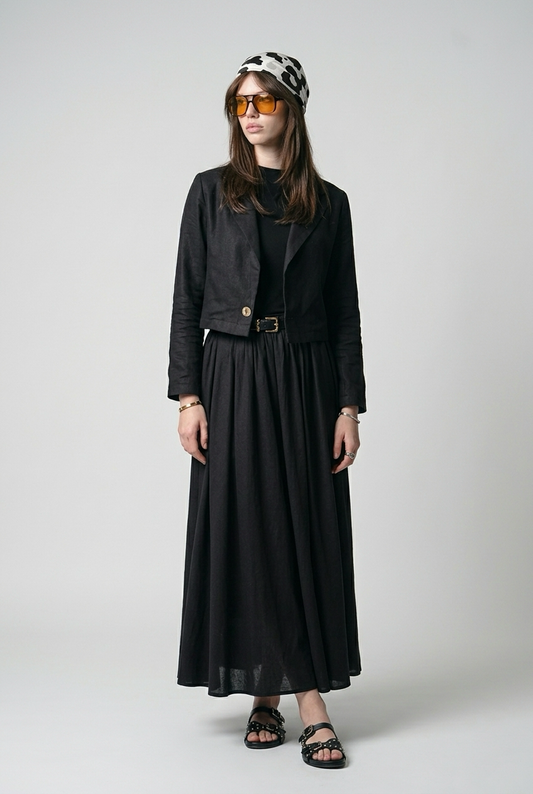 Ensemble Tailleur Lin Veste coupe carré et Jupe à volants - Noir