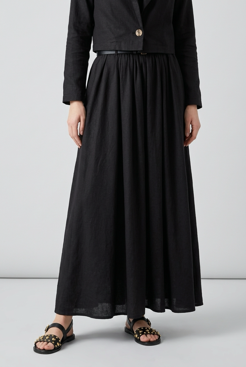 Ensemble Tailleur Lin Veste coupe carré et Jupe à volants - Noir