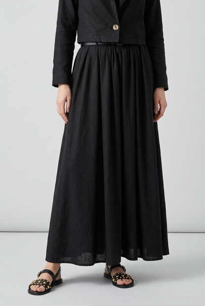 Ensemble Tailleur Lin Veste coupe carré et Jupe à volants - Noir