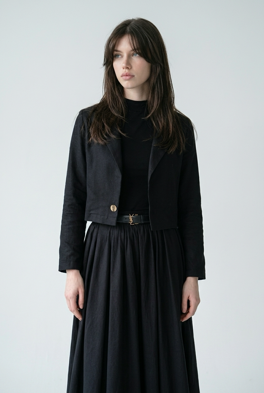 Ensemble Tailleur Lin Veste coupe carré et Jupe à volants - Noir