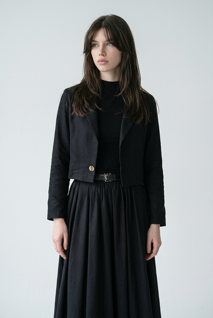 Ensemble Tailleur Lin Veste coupe carré et Jupe à volants - Noir