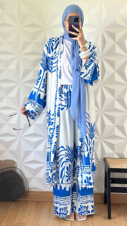 Ensemble kimono long et pantalon large a motif olivier - Bleu