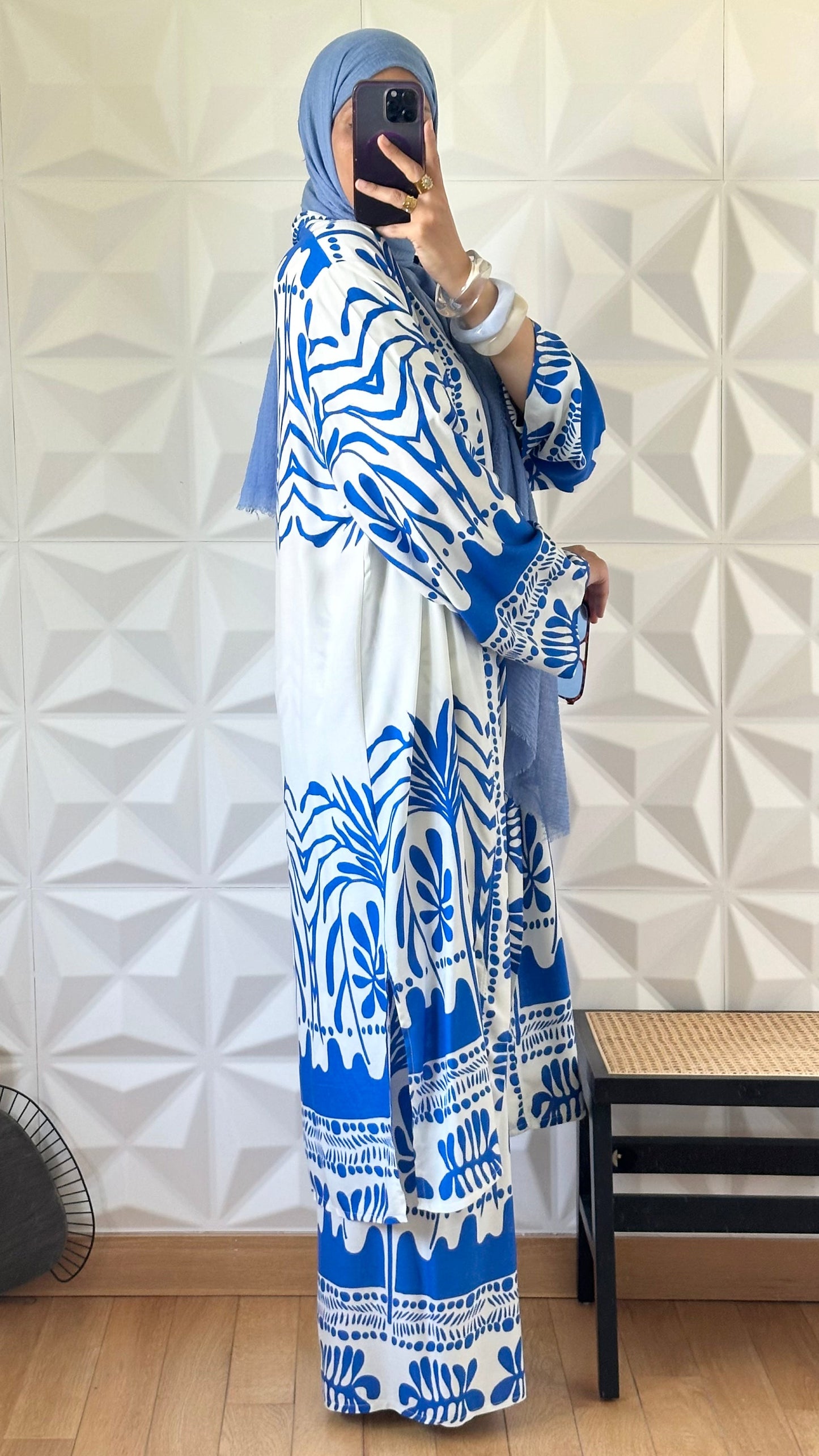 Ensemble kimono long et pantalon large a motif olivier - Bleu