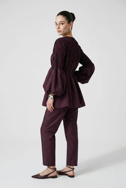 Ensemble Blouse smockée et Pantalon droit slim - Bordeaux
