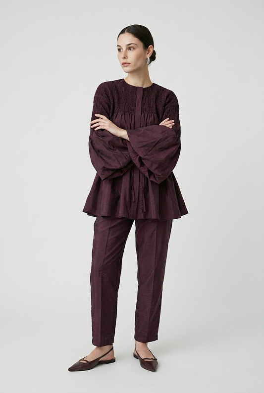 Ensemble Blouse smockée et Pantalon droit slim - Bordeaux