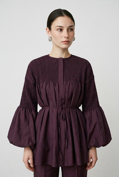 Ensemble Blouse smockée et Pantalon droit slim - Bordeaux
