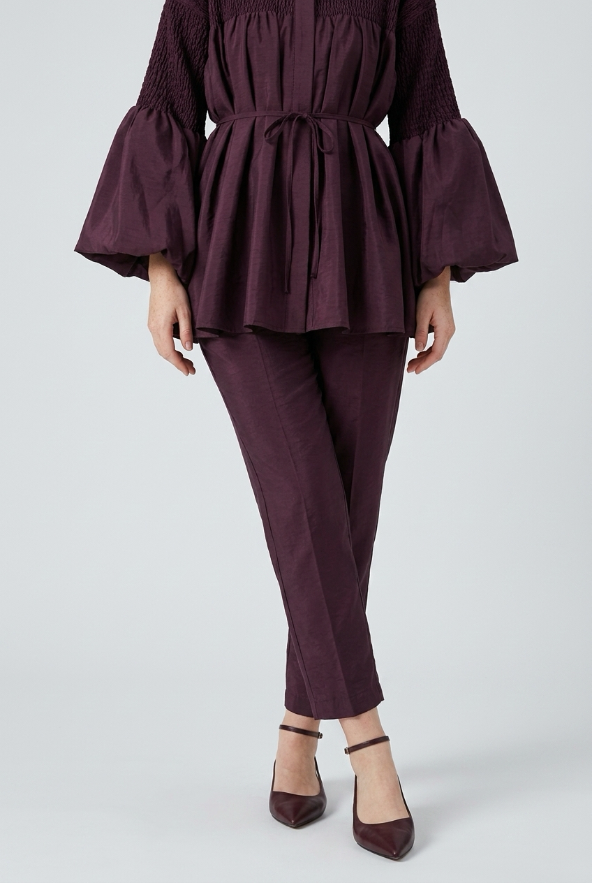 Ensemble Blouse smockée et Pantalon droit slim - Bordeaux