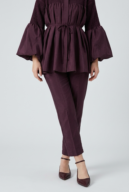 Ensemble Blouse smockée et Pantalon droit slim - Bordeaux
