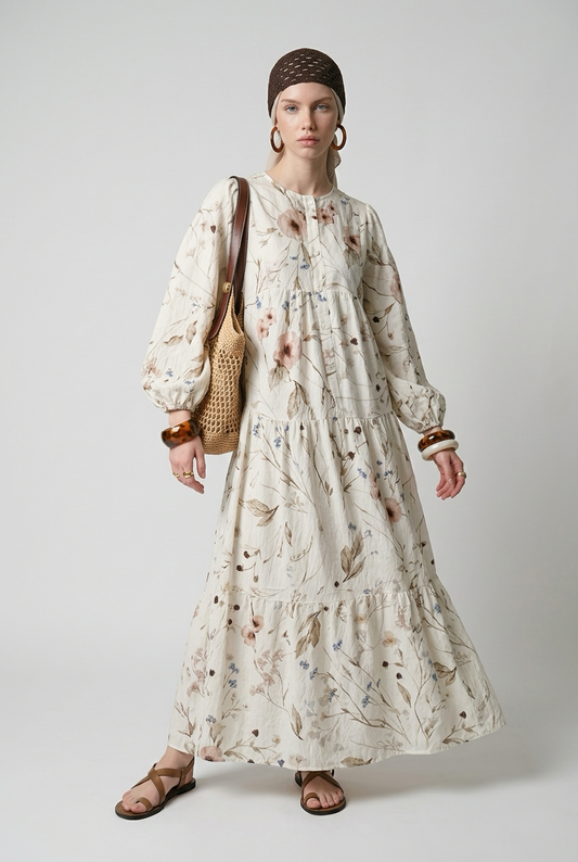 Robe babydoll à Imprimé fleurie avec manches bouffantes - Taupe