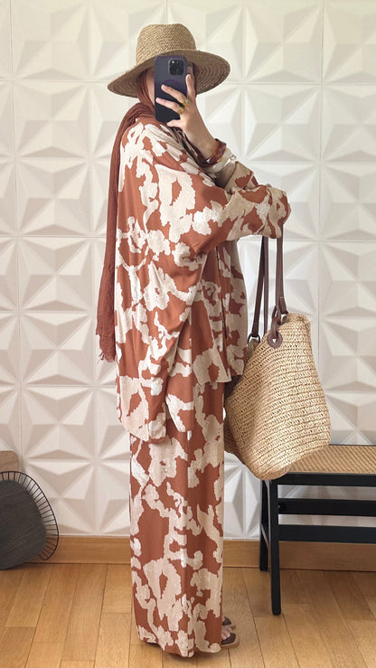 Ensemble chemise oversize et Pantalon large a imprimé abstrait - Marron