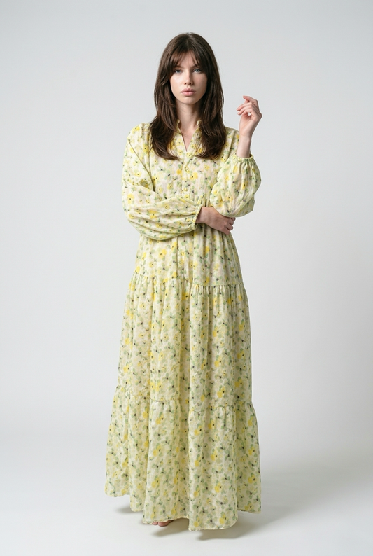 Robe babydoll à Imprimé fleurie avec manches bouffantes - Jaune Citron