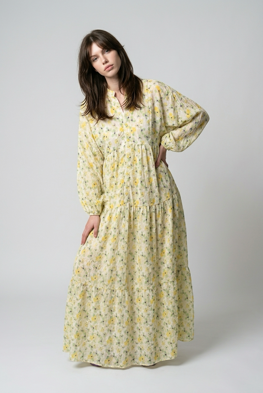 Abstract Babydoll Dress With Puff Sleeves - Orange