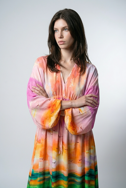 Robe oversize imprimé tie-dye en viscose avec taille froncée - Rose