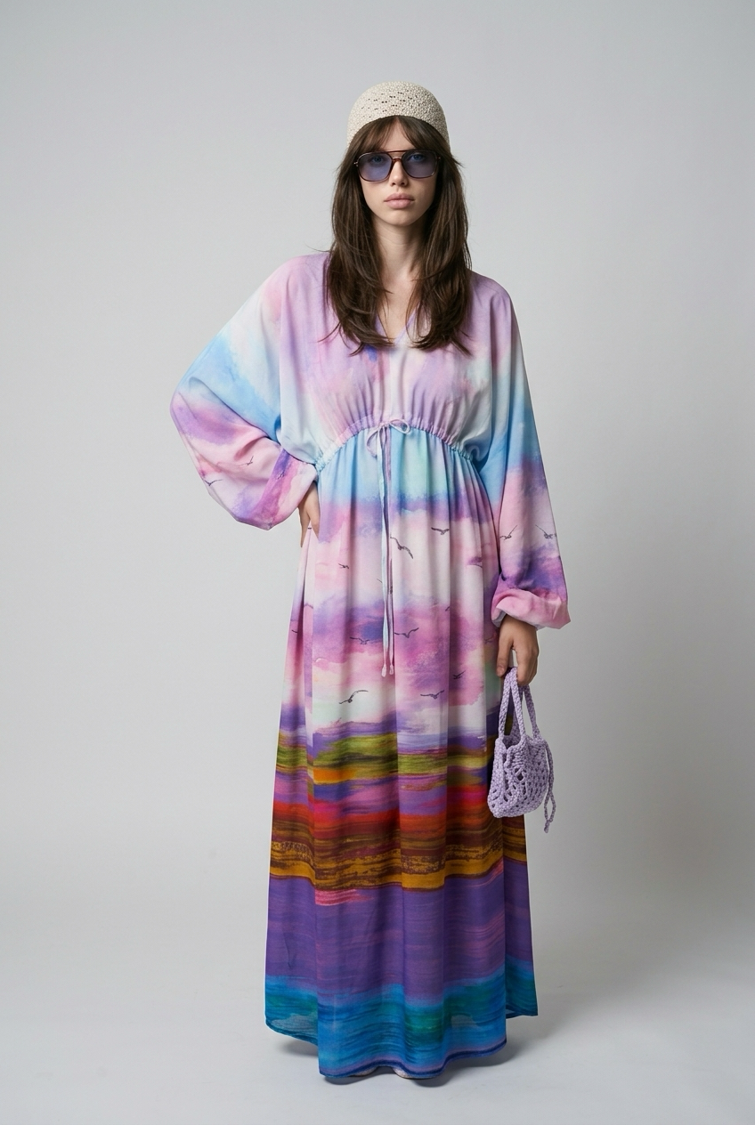 Robe oversize imprimé tie-dye en viscose avec taille froncée - Bleu