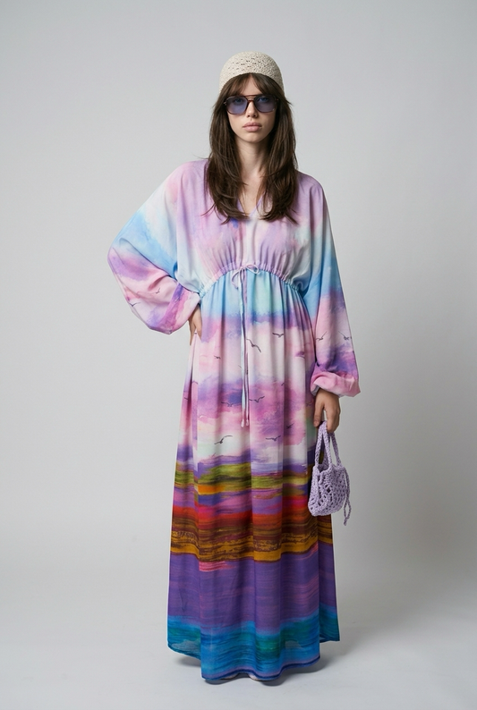 Robe oversize imprimé tie-dye en viscose avec taille froncée - Bleu