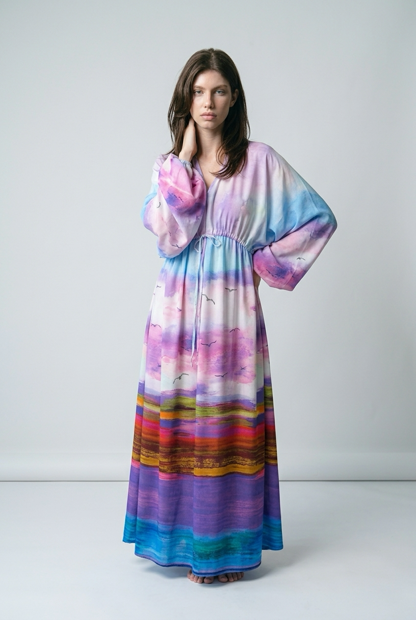 Robe oversize imprimé tie-dye en viscose avec taille froncée - Bleu