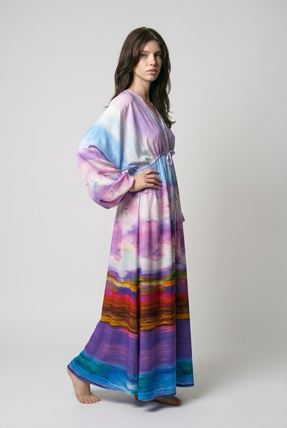 Robe oversize imprimé tie-dye en viscose avec taille froncée - Bleu