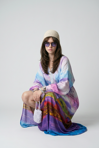 Robe oversize imprimé tie-dye en viscose avec taille froncée - Bleu