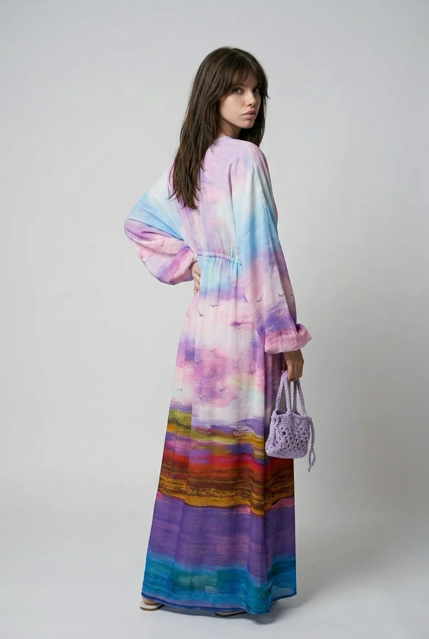 Robe oversize imprimé tie-dye en viscose avec taille froncée - Bleu